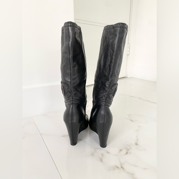 Chanel CC Crystal Embellished Black Leather Wedge Heel Calf Boots - Picture 8 of 12